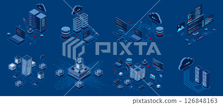 Set of isometric modern technology concept for cloud computing, Datacenter, Database, artificial intelligence, and blockchain technology. Isometric technology 126848163