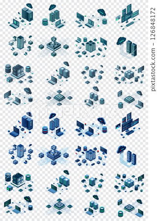 Large set of isometric modern technology concept for cloud computing, datacenter, database, artificial intelligence, and blockchain technology. Isometric technology 126848172