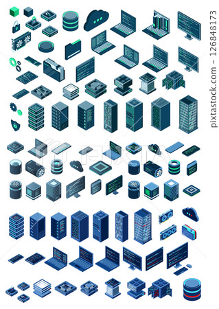Large set of isometric computer technology. Isometric set server equipment. Modern technology concept for cloud computing, datacenter, database. Isometric technology Large set of isometric computer technology. Isometric set server equipment. Modern technology concept for cloud computing, datacenter, database. Isometric technology 126848173