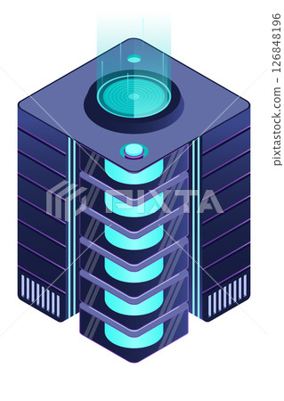 Isometric futuristic server. Isometric database or data center. Abstract blockchain. Computer storage. Cloud storage. Isometric technology Isometric futuristic server. Isometric database or data center. Abstract blockchain. Computer storage. Cloud storage. Isometric technology 126848196