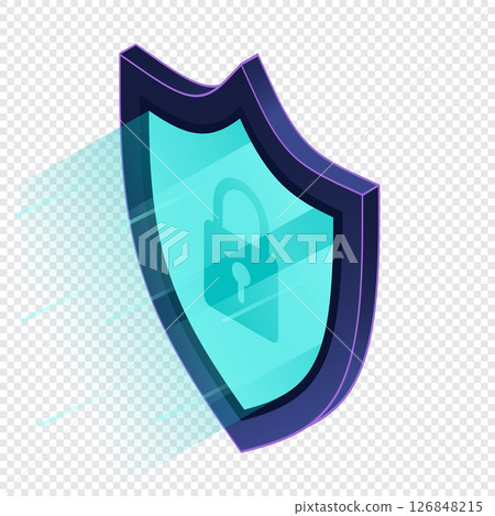 Secure vpn. VPN protection with a shield. Shield lock in futuristic purple style. Cyber security. Isometric technology Secure vpn. VPN protection with a shield. Shield lock in futuristic purple style. Cyber security. Isometric technology 126848215