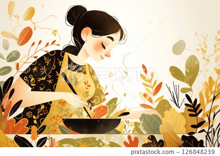 A vibrant illustration of a woman in harmony with nature as she cooks with a serene expression 126848239