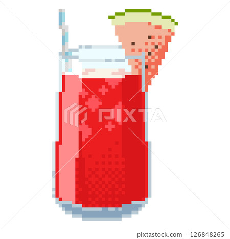 Watermelon cocktail with straw and slice in pixel art style. Summer refreshing drink in retro 8-bit design. Cute and colorful illustration for menu and video games. Watermelon cocktail with straw and slice in pixel art style. Summer refreshing drink in retro 8-bit design. Cute and colorful illustration for menu and video games. 126848265