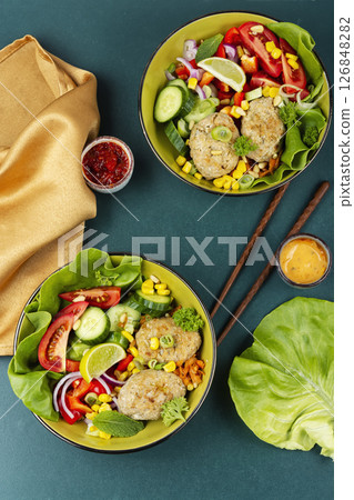 Healthy food concept with fried fish cutlets. Healthy food concept with fried fish cutlets. 126848282