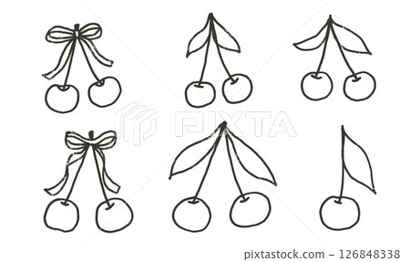 Cherry with ribbons crayon drawn set. Coquette berries with bows and leaves doodle isolated on white background. Fruits grunge line textured elements. Vector kid naive illustration by pencil Cherry with ribbons crayon drawn set. Coquette berries with bows and leaves doodle isolated on white background. Fruits grunge line textured elements. Vector kid naive illustration by pencil 126848338