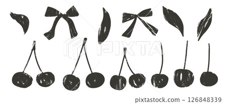 Cherry charcoal drawn set. Coquette berries with bows and leaves doodle isolated on white background. Fruits grunge grit textured elements. Vector naive illustration by pencil or ink marker Cherry charcoal drawn set. Coquette berries with bows and leaves doodle isolated on white background. Fruits grunge grit textured elements. Vector naive illustration by pencil or ink marker 126848339