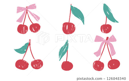 Cherry crayon drawn set. Coquette berries with bows and leaves doodle isolated on white background. Fruits grunge textured elements. Vector kid naive illustration by pencil 126848340