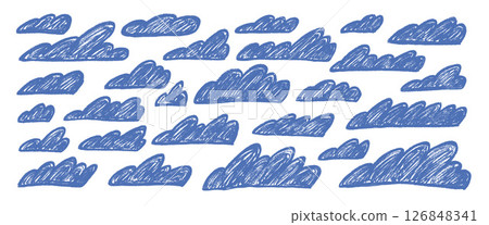 Crayon clouds set. Naive hand drawn sky pack. Kids chalk textured elements. Pastel scribble cloudy weather speech bubbles. Vector blue wax pencil drawing illustration on white background 126848341