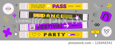 Futuristic stickers shapes and hand bracelet tickets set. y2k music festival, party, concert wristbands and patches in retro rave style. Paper show stamps pixel art labels. Vector promo badges pack 126848342