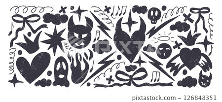 Rock and roll girly marker drawn set. Punk charcoal breaking heart with devil and angel doodles. Scribble grunge elements. Heart, bows and sketch graffiti art. Vector by sketch charcoal illustration 126848351