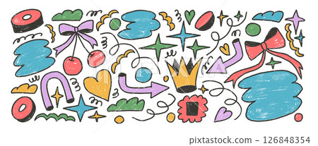 Funky shapes crayon drawn set. Naive multi colors doodle figures on white background. Crown, arch, arrow and geometric forms sketch elements. Vector childish style illustration by colorful pencil Funky shapes crayon drawn set. Naive multi colors doodle figures on white background. Crown, arch, arrow and geometric forms sketch elements. Vector childish style illustration by colorful pencil 126848354