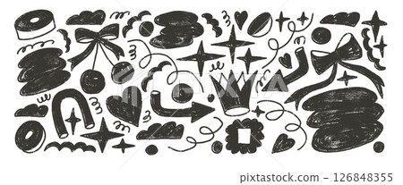 Charcoal drawn silhouette shapes set. Naive girly black doodle figures on white background. Crown, cherry, bow and geometric forms sketch linocut elements. Vector illustration by pencil Charcoal drawn silhouette shapes set. Naive girly black doodle figures on white background. Crown, cherry, bow and geometric forms sketch linocut elements. Vector illustration by pencil 126848355