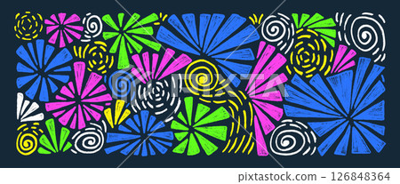 Firework highlights drawing by crayon set. Colorful night party firecrackers and splashes in scribble doodle style isolated on dark background. Carnival decoration. Vector hand drawn illustration Firework highlights drawing by crayon set. Colorful night party firecrackers and splashes in scribble doodle style isolated on dark background. Carnival decoration. Vector hand drawn illustration 126848364