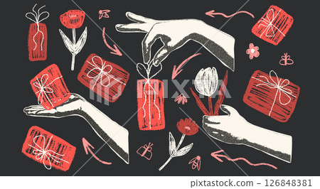 Photocopy hands holding crayon flowers, gifts boxes collage. Holiday vintage doodle summer sale elements. Cutout palms receiving gift. Happy birthday, retro party. Vector hand drawn illustration 126848381