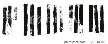 Straight thick grunge underlines. Linocut rolled brush stroke set. Handmade ink rectangle rough stamps. Vector black paint lines shapes. Dry marker or brayer smear textures Distressed vertical figures 126848385