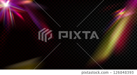 Abstract prism light leaks texture background. Refraction rainbow flare burn effect bg. Caustic overlay frame. Blurry bright crystal gradient. Iridescent laser beam stripes. Vector decoration 126848393