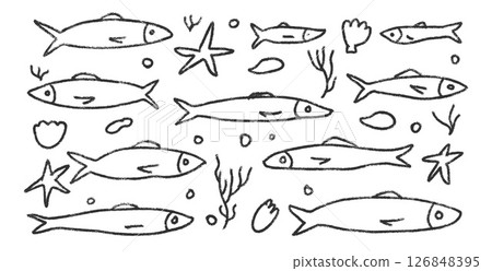 Fishes doodle set. Sardines hand drawn scribble School of fish in the sea. Vector monochrome nautical illustration by pencil aquarium on white background. Crayon or chalk naive underwater life Fishes doodle set. Sardines hand drawn scribble School of fish in the sea. Vector monochrome nautical illustration by pencil aquarium on white background. Crayon or chalk naive underwater life 126848395