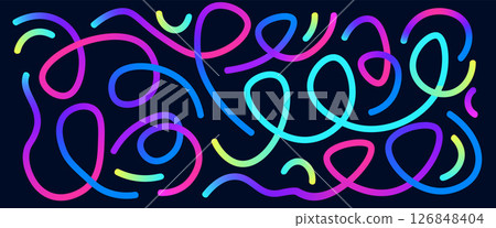 Colorful gradient wavy lines set. Wave abstract long confetti shapes collection. Decorative squiggle doodles. Iridescent curved spirals elements. Vector rainbow swirls. Carnival gradations strokes 126848404