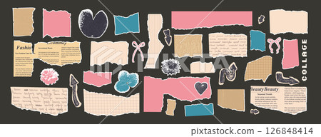 Set of torn edges papers pieces and flowers. Tear sheets pieces pack with arrows and bows. Jagged freeform recycled templates packaging cardboard. Collage elements. Vector hand drawn illustration 126848414