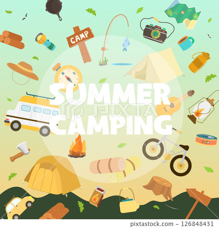 Camping summer activities with playful elements and vibrant scenery. Vector illustration 126848431
