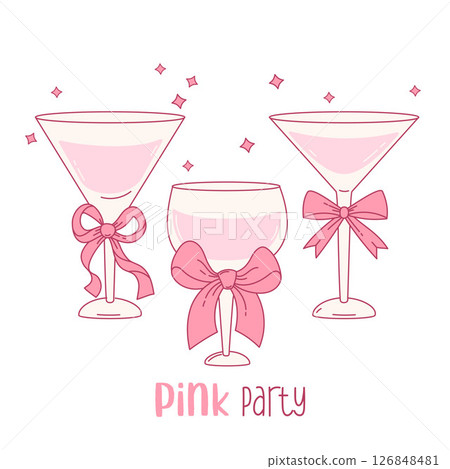 Vintage Pink Coquette Glass Drink with ribbon Bow. Aesthetic Cocktail Party. Romantic Girly Vibe. Vector illustration. Trendy Mood and drawn element 126848481