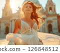 Elegant Bride at Sunset with Flowing Hair,Portrait of beautiful woman 126848512