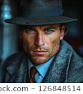 Stylish Man in Vintage Hat and blue grey Coat close up portrait in Urban Setting 126848514