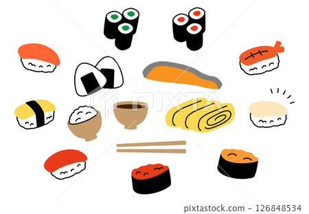 手繪可愛的日本料理套裝 126848534