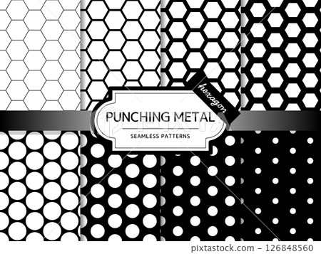 Set of perforated metal seamless patterns hexagons and circles 126848560