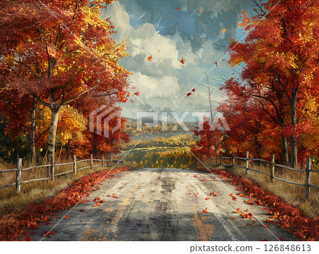 Autumn road bordered by vibrant red-leaf trees. showcasing the beauty of foliage. AI Generated. 126848613