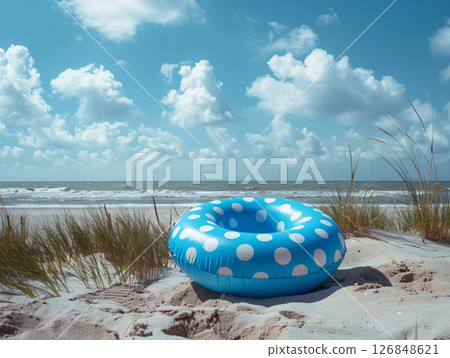 blue and white Inflatable ring on the sand, sea beach, summer background. travel concept. AI Generated. 126848621