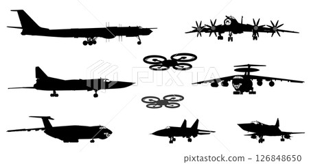 Planes and drones vector silhouettes collection Planes and drones vector silhouettes collection 126848650