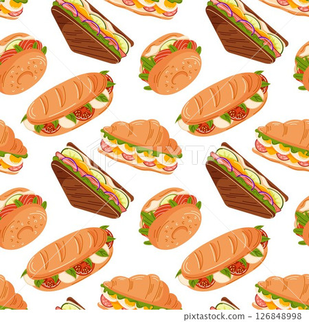 Seamless pattern with avocado toast, sandwiches, bagel, croissant, baguette in flat style. Perfect for delivery design, restaurant menu, kitchen wallpaper and food package on a white background. 126848998