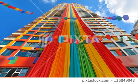 Vibrant Rainbow Fabric Draped Tall Building Exterior Colorful Festive Celebration sky red city blue 126849048
