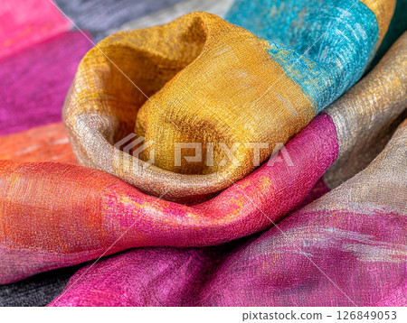Textured Silk Fabric Colorful Stripes Golden Hues Elegant Design Luxurious Soft Texture Draped 126849053