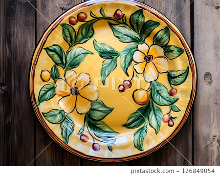 Handpainted Yellow Floral Ceramic Plate Rustic Design Home Decor art red dish fruit style round 126849054