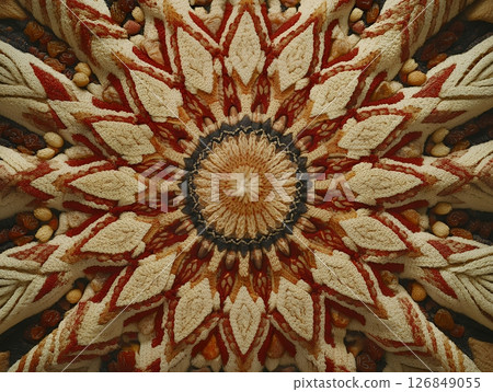 Intricate Beige Red Mandala Design Nuts Seeds Texture art boho warm fall food craft wheel floral 126849055