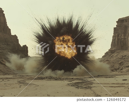 Desert Explosion Dramatic Fiery Blast Powerful Impact Huge Destruction Canyon Rocks Sand fire dust 126849172
