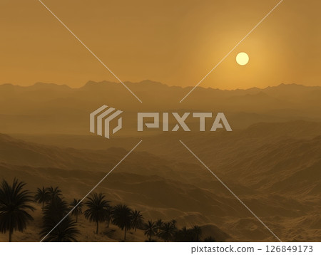 Golden Desert Sunset Landscape Panoramic View Scenic Mountains Palm Trees sky art dry heat arid sand 126849173