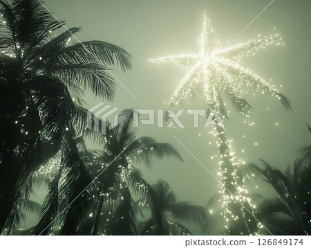 Magical Glowing Palm Trees Dreamy Tropical Night Scene Fog Art Mist Dark Calm Stars Green Image 126849174