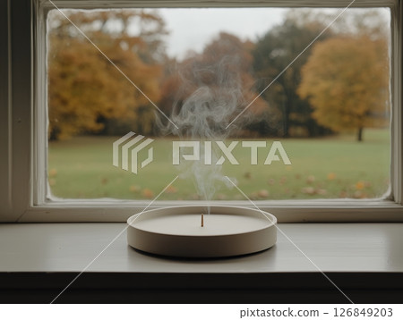 Scented Incense Burning in Minimalist Holder Autumn View spa zen calm wood grey home life smoke 126849203