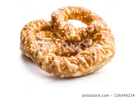 Salted bavarian pretzel isolated on white background. Salted bavarian pretzel isolated on white background. 126849234