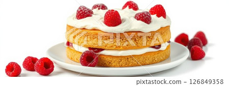 Delicious raspberry layer cake with cream and fresh raspberries on a white plate Delicious raspberry layer cake with cream and fresh raspberries on a white plate 126849358
