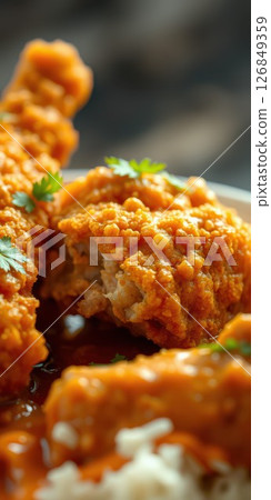Delicious crispy fried chicken served with sauce and garnished with herbs at a cozy dining setting 126849359