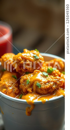 Crispy fried chicken drizzled with melted cheese served in a bowl 126849360