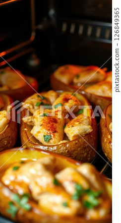 Delicious baked potatoes stuffed with tender chicken and herbs in a warm kitchen setting 126849365