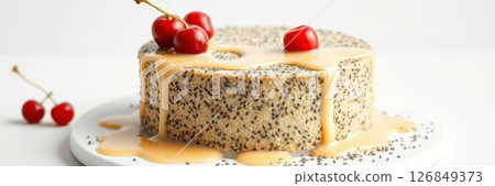 Delightful dessert featuring a round cake topped with cherries and drizzled in caramel sauce on a white plate 126849373
