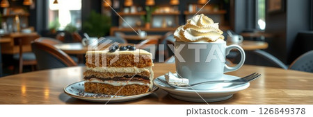 Delicious dessert and coffee served in a cozy cafe setting during the afternoon Delicious dessert and coffee served in a cozy cafe setting during the afternoon 126849378