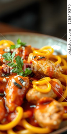 Savory sausage and spaghetti dish garnished with fresh herbs served on a metal plate 126849379