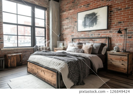 Industrial Loft Bedroom with Brick Wall Industrial Loft Bedroom with Brick Wall 126849424